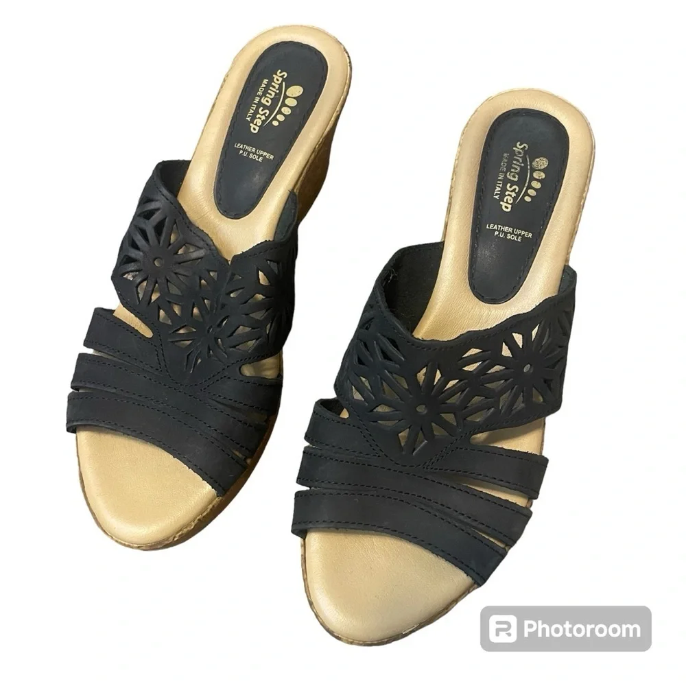 Spring Step Estella Black Leather Nubuck Wedge Slide Sandals